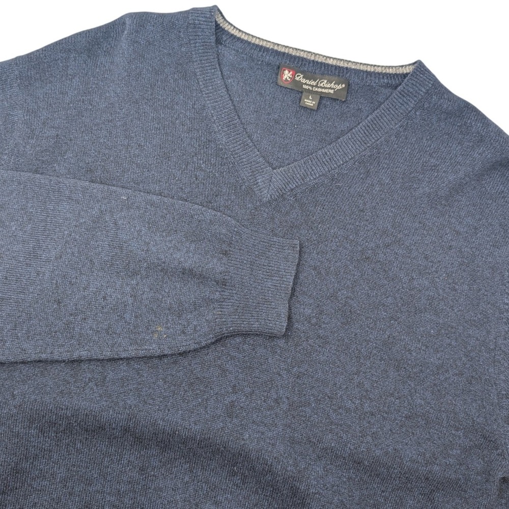 Daniel Bishop‎ Mens 100% Cashmere V-Neck Sweater Navy Blue Heather Large FLAW